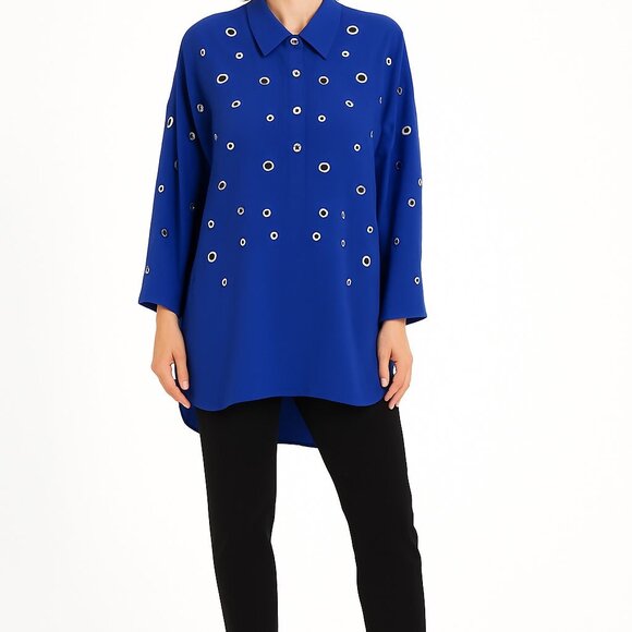 Alberto Makali Blue 3/4 Sleeve Grommet Embellished 2-Piece Tunic Top Set Women L - Picture 14 of 15